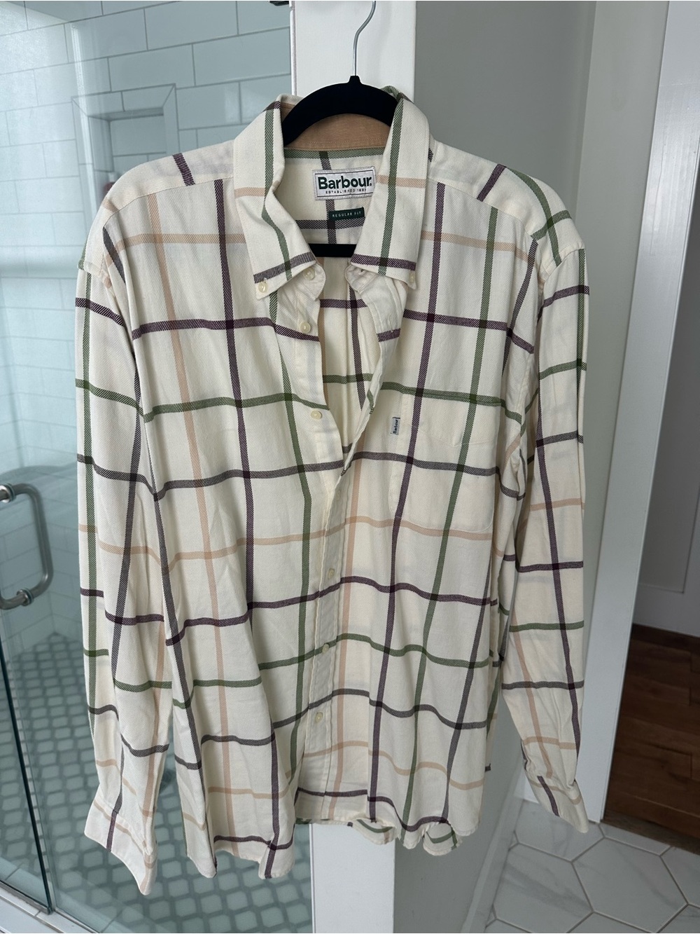 Barbour Cream Plaid Button-Down Shirt with Green and Maroon Checks